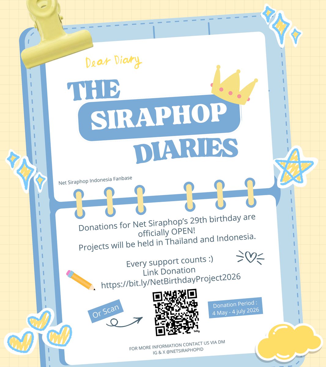 NetSiraphopID's tweet photo. THE SIRAPHOP DIARIES 𓂃✍︎
Donations for Net Siraphop’s 29th Birthday are officially OPEN!
Projects will be held in Thailand and Indonesia.
Every support truly means a lot 🖤
🔗 https://t.co/8TrdT7Ivak
#NetSiraphop #HAPPINET
#TheSiraphopDiaries
#Net29thBDProject https://t.co/xC8aKJGDOf