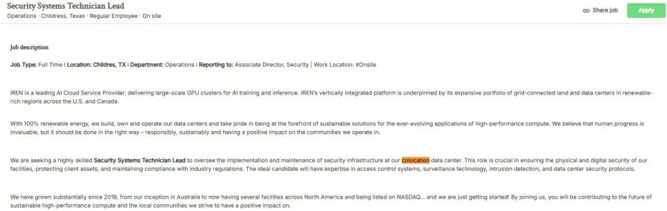 mverleye25's tweet photo. Found this about $IREN. Job opening from april 21 mentioning 'colocation DC' and 'protecting client assets'. 

Makes me think they will, after all, put open parts of Childress for colocation. Revealing this change of strategy during earnings call may 7th?

Less ARR, less CAPEX. https://t.co/Ezmt1p9ErW