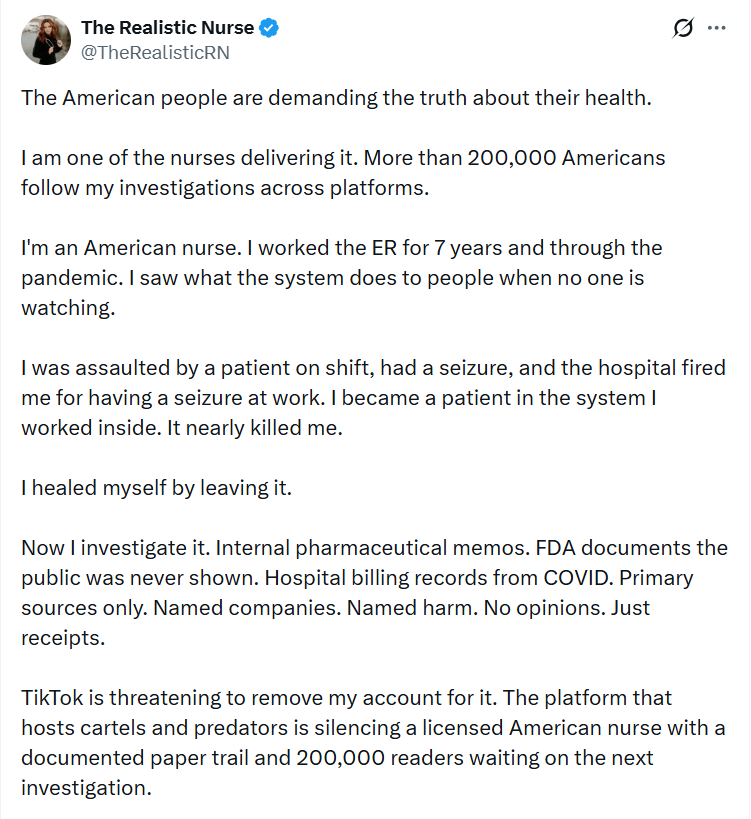 GoogleExpertUK's tweet image. The American people are demanding the truth about their health.
I'm an American nurse. I worked the ER for 7 years &amp;amp; through the pandemic. I saw what the system does to people when no one is watching.
- @TheRealisticRN
x.com/TheRealisticRN…
#socent✝️#AdasArmy🇺🇸