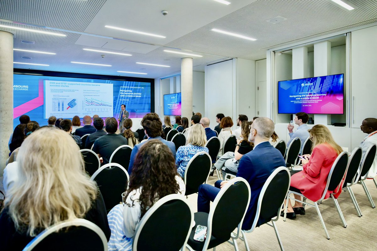 kaanev's tweet photo. Honored to speak at the Leaders Breakfast of @LuxembourgSE, at invitation @JBeckerLuxSE.

Met a brilliant team across prospectus, analytics, tech, compliance and more.

My focus: how the @ESM_Press operates as a AAA issuer and our capital strength.

🙏 for the great event! https://t.co/KNXpxliCo9