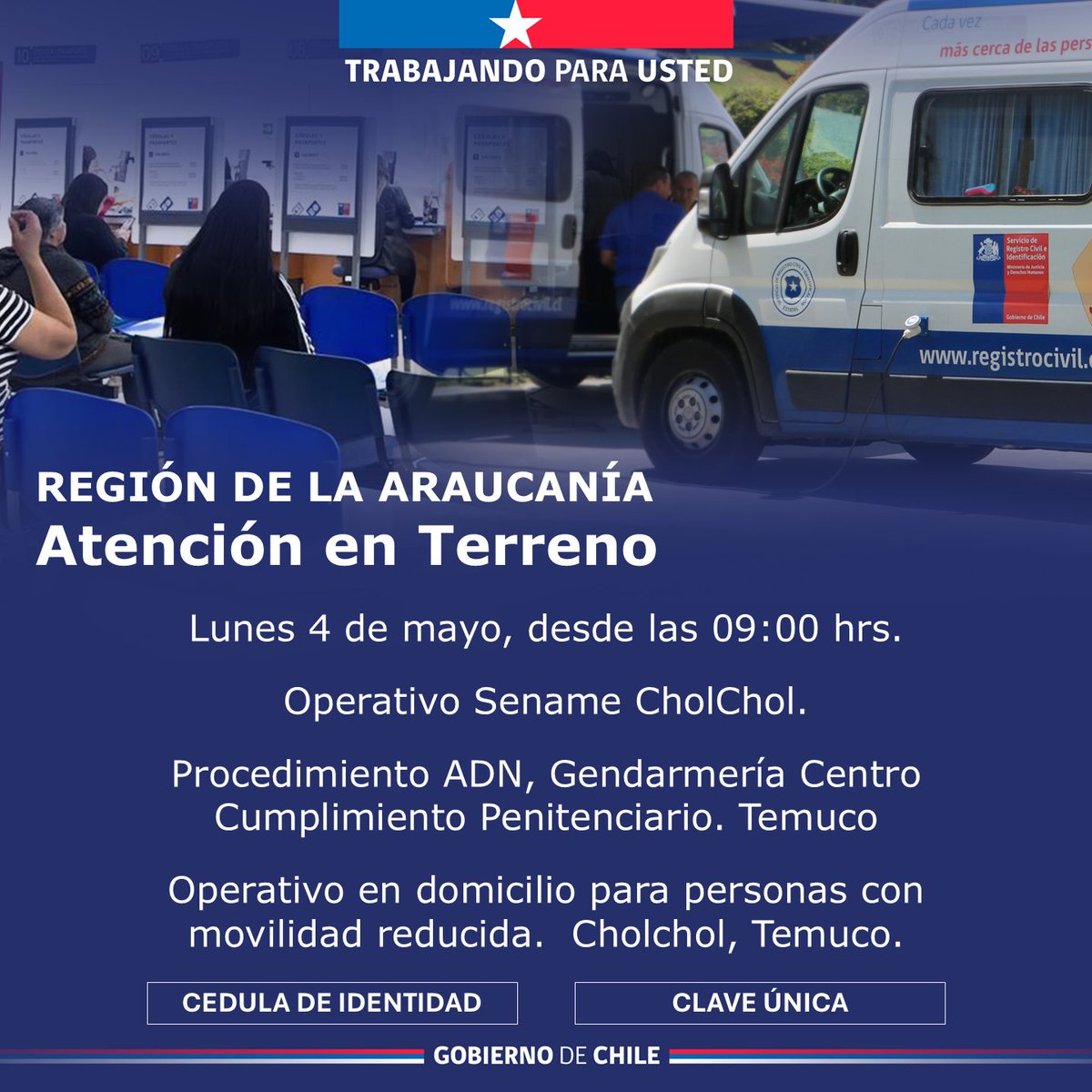 💙 Nuestro equipo de atención terreno se trasladará a #Temuco #CholChol #regiondelaaraucania para la atención a los usuarios con movilidad reducida y Operativo Sename CholChol y Procedimiento ADN Gendarmería CCP Temuco