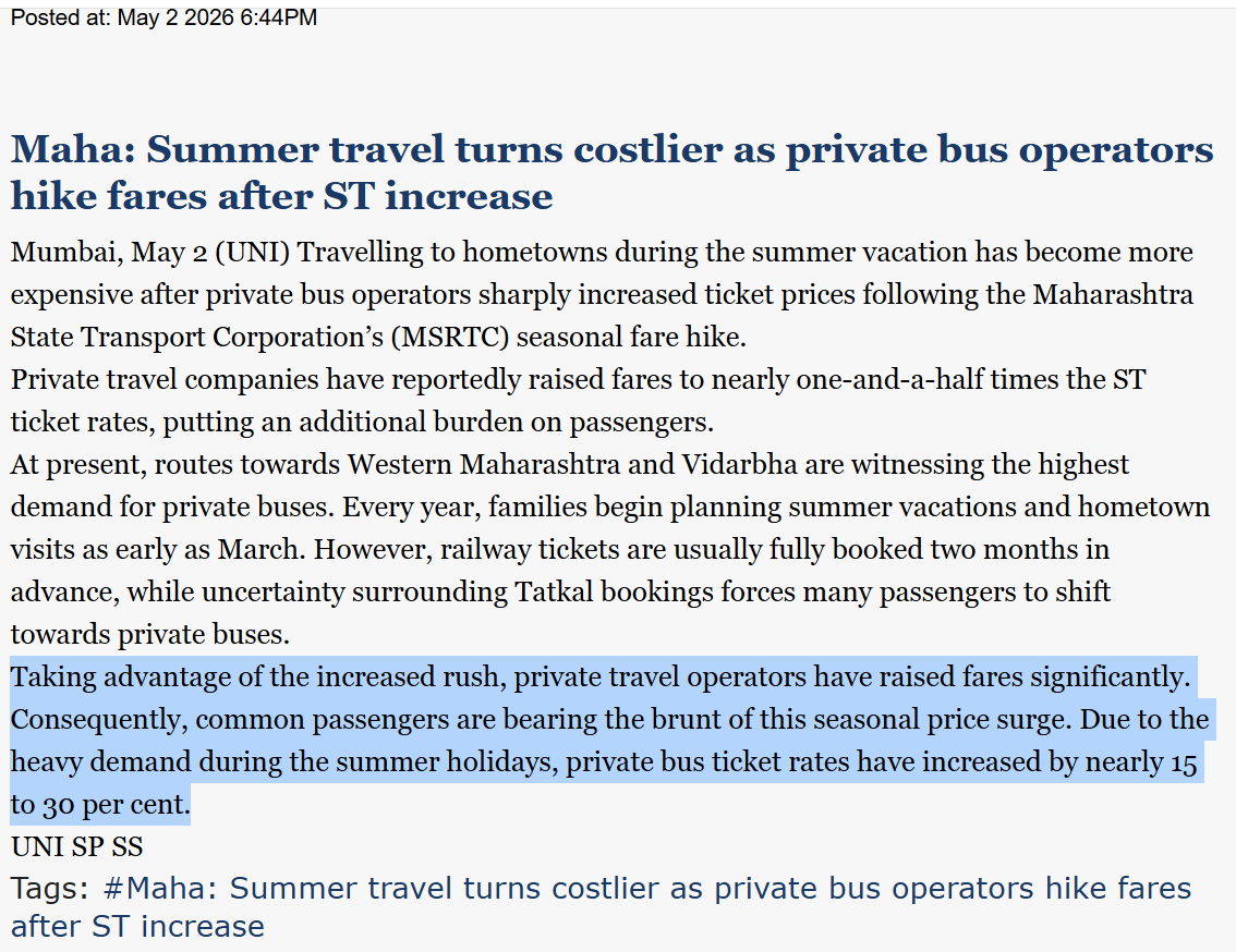 SurajyaAbhiyan's tweet image. #MAHA Summer Holidays | Private Operators "Surge" 🚌Fare!

Do private operators have a "license" to skyrocket prices. 

@MLJ_GoI @GoI_MeitY We demand the enforcement of Rule 4(11) of E-Commerce Rules 2020!

@ArjunRamMeghwal @AshwiniVaishnaw @uniindianews 

uniindia.com/maha-summer-tr…