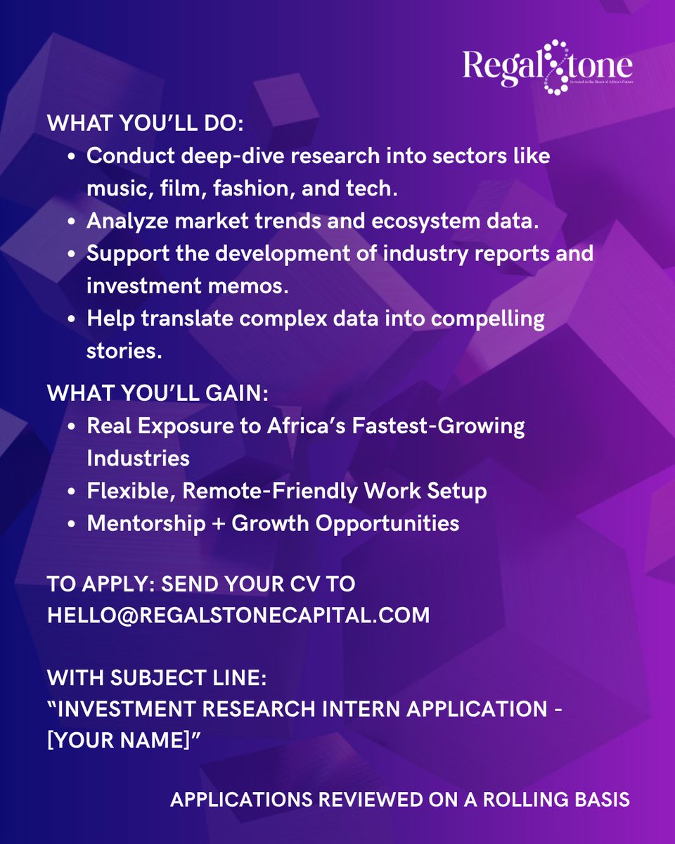 regalstonecap's tweet photo. Hiring: Investment Research Intern 🚀

How to Apply:
📩 Send your CV to hello@regalstonecapital.com

With Subject Line: Investment Research Intern Application - [Your Name]

📅 Deadline: 11th May 2026

Note: Applications are reviewed on a rolling basis. https://t.co/LcdYN4dJtG