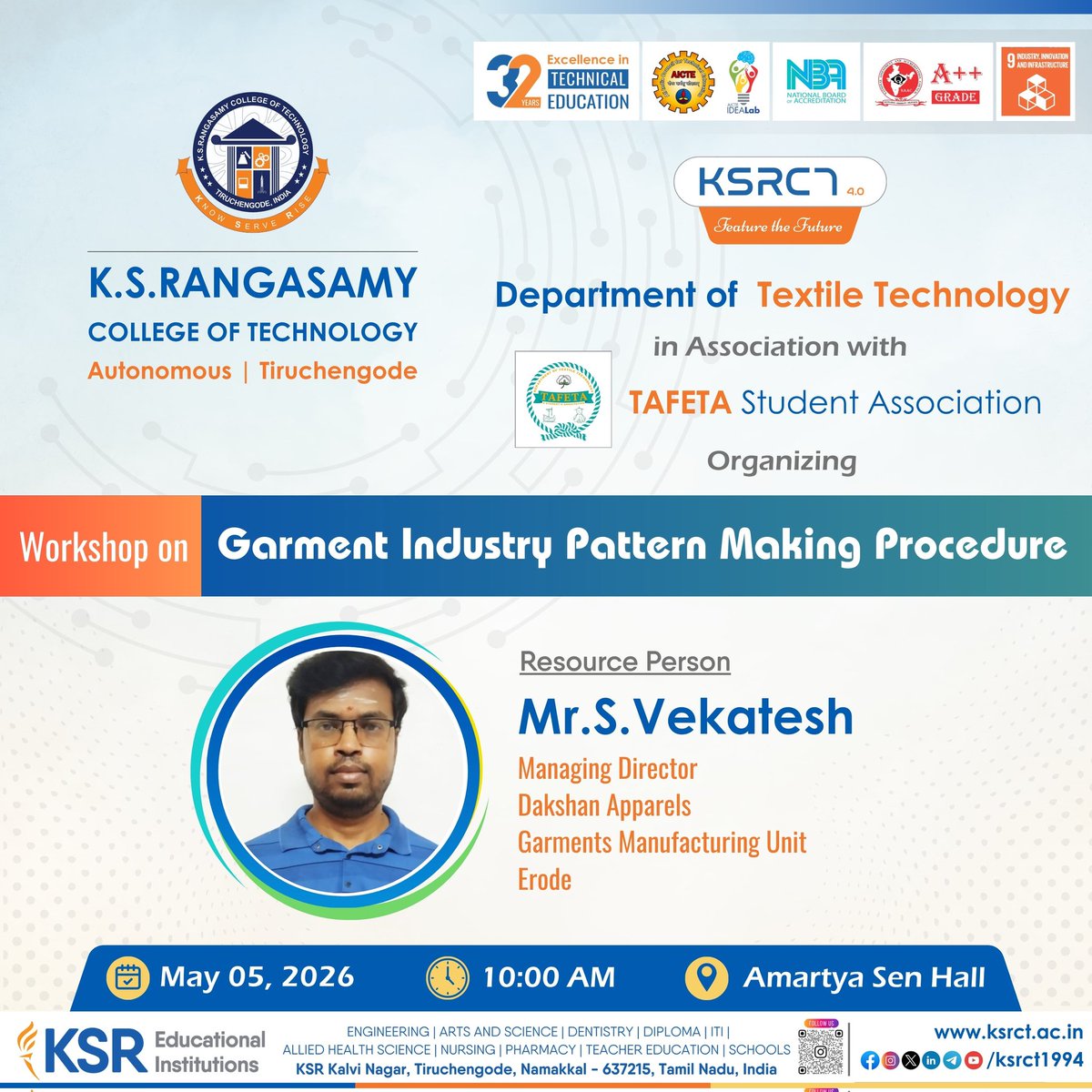 ksrct1994's tweet photo. Workshop on Garment Industry Pattern Making Procedure on May 05, 2026, 10.00 AM at Amartya Sen Hall
#ksrct1994 #ksr #ksrei #TextileTechnology #GarmentIndustry #PatternMaking #ApparelDesign #FashionTechnology #CADPatternMaking #GarmentManufacturing #SkillDevelopment #SDG9 https://t.co/BeDGBIP8oO