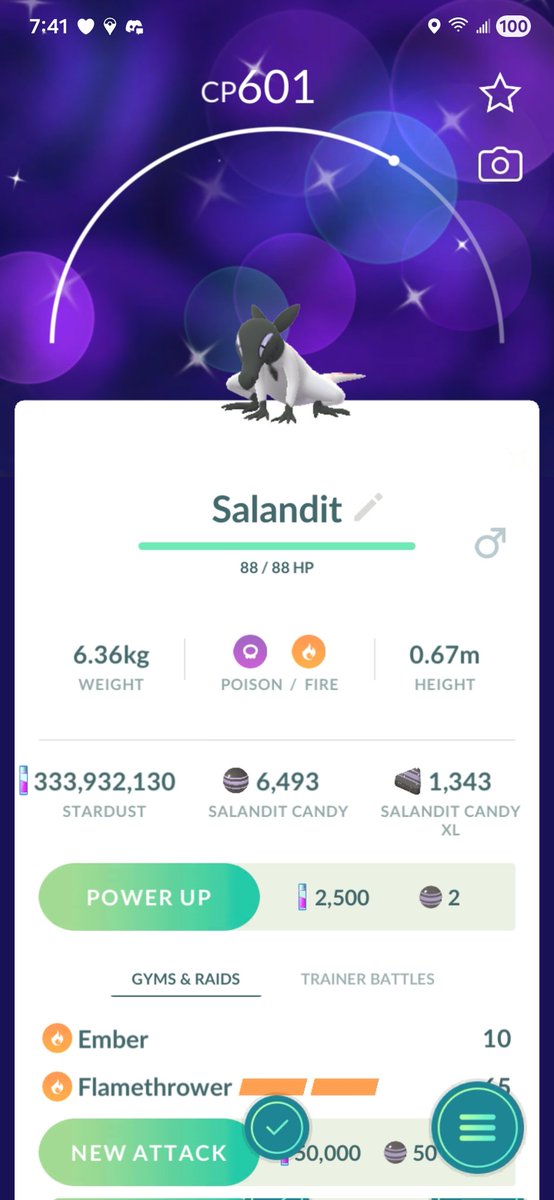 SchaferQuest777's tweet image. Hatched my 1st shiny Salandit! Sadly male but still cool to NOT BE A VULLABY 🤣

#PokemonGO