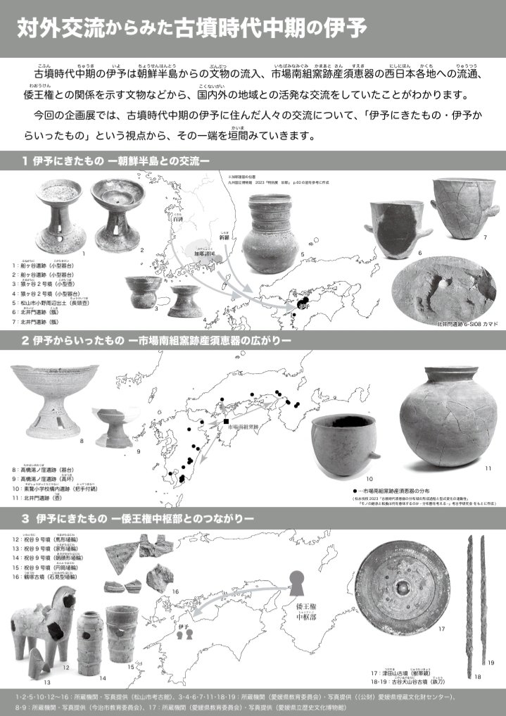 Kikiki93886931's tweet photo. 共同企画展「対外交流からみた古墳時代中期の伊予」愛媛県生涯学習センター 愛媛人物博物館3階 企画展示室。
古墳時代中期の伊予は朝鮮半島からの文物の流入、市場南組窯跡産須恵器の西日本各地への流通、倭王権との関係を示す文物などから、国内外の地域との活発な交流をしていたことがわかります。 https://t.co/Dk0QdKypsJ
