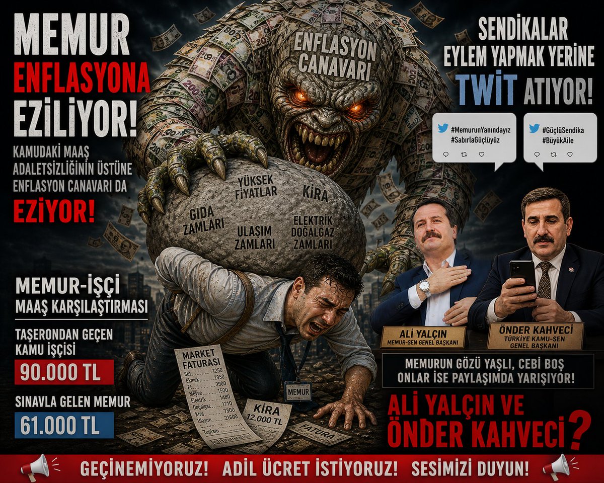 Memur Gelirde Adalet İstiyor.
Sendikalar ise sadece Twit atıyor!
Kamuda memurun sırtına maaş adaletsizliğinin üstüne bir de #Tüik #Enflasyon canavarı bindi!
Eğitimin emeklerin sınavların karşılığı bu mu?
Taşerondan geçen kura ile gelen işçi 90.000₺.
Sınavla gelen Memur 61.000₺