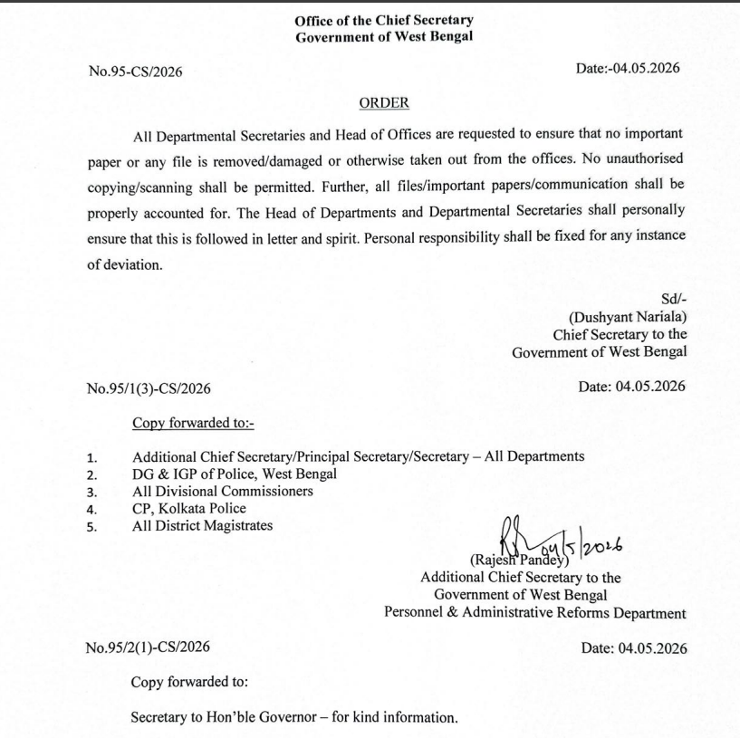 The most awaited order 
West Bengal Chief Secretary issues order to all secretaries and DMs, SPs to ensure that no important paper or file is removed or dmamaged or taken out from the offices. 
#WestBengalLegislativeAssemblyelection2026 
#electionsresult2026