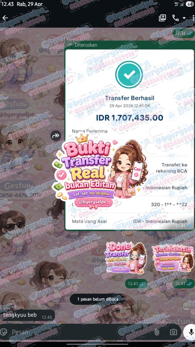 cairinyuuk's tweet photo. 🌻TESTIMONI GESTUN BULAN APRIL 2026🌻

୨୧ ───────────── ୨୧
💗 SHOPEPAYLATER BY SCAN
💸 1.011.000
💸 1.897.000
✨ SCAN — CEK — TF ‼️✨
⚡ CAIR KEDIP MATA✅
୨୧ ───────────── ୨୧

🍒 Wasapp for fstrspn 🍒
#zonauangㅤ https://t.co/6YfkBHA97y