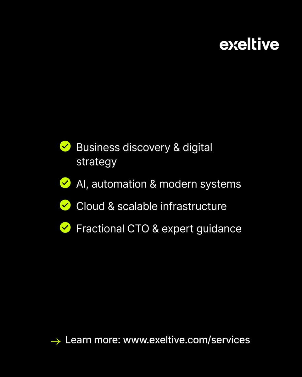 exeltive's tweet photo. 🔄 Transform Today. Scale Tomorrow.

We help businesses evolve through strategy, tech &amp; execution.

🧠 Strategy
⚙️ AI &amp; Automation
☁️ Cloud
👨‍💻 CTO Guidance

👉 https://t.co/tCzk34eqAQ https://t.co/CB4RjaeioA