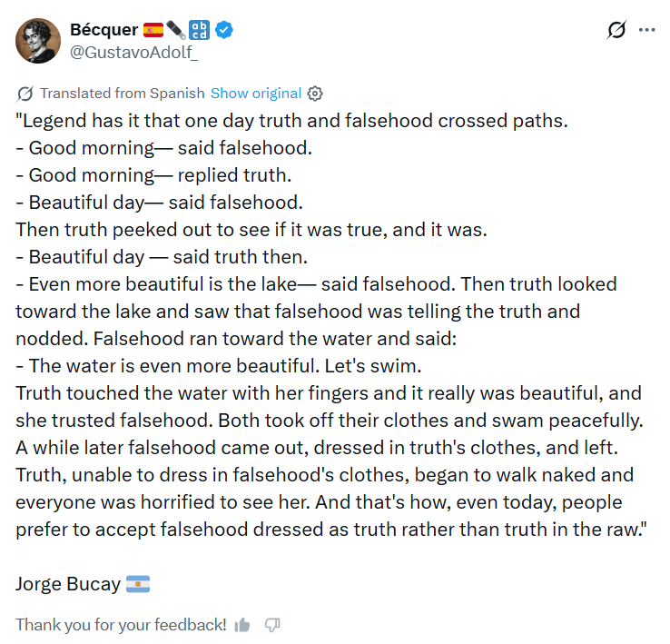 GoogleExpertUK's tweet image. Legend has it that one day truth &amp;amp; falsehood crossed paths.
Good morning—said falsehood.
Good morning—replied truth.
Beautiful day—said falsehood.
Then truth peeked out to see if it was true, &amp;amp; it was.
@GustavoAdolf_
x.com/GoogleExpertUK…
x.com/GoogleExpertUK…
#socent✝️#faith