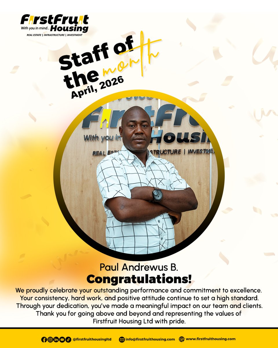 Firstfruitltd's tweet photo. Today, we proudly celebrate Paul Andrews B. as our Staff of the Month for April 2026!
Your hard work, professionalism, and commitment to delivering excellence continue to inspire the entire team at Firstfruit Housing Ltd.
#StaffOfTheMonth #FirstfruitHousingLtd #TeamExcellence https://t.co/w5fsHW0aBs