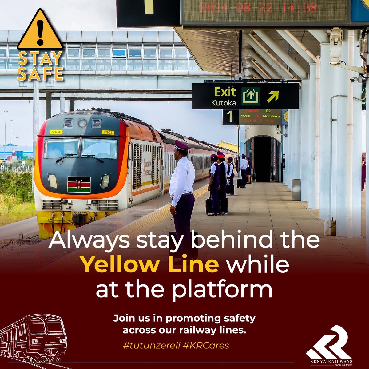 KenyaRailways_'s tweet photo. Safety starts with you. 

Always stay behind the yellow line while at the platform—it’s a simple step that protects lives.

Be alert. Be responsible. Be safe.

#TUTUNZELI #KRCares #RailwaySafety #staysafe #rightontrack https://t.co/zL6BwCYtJj