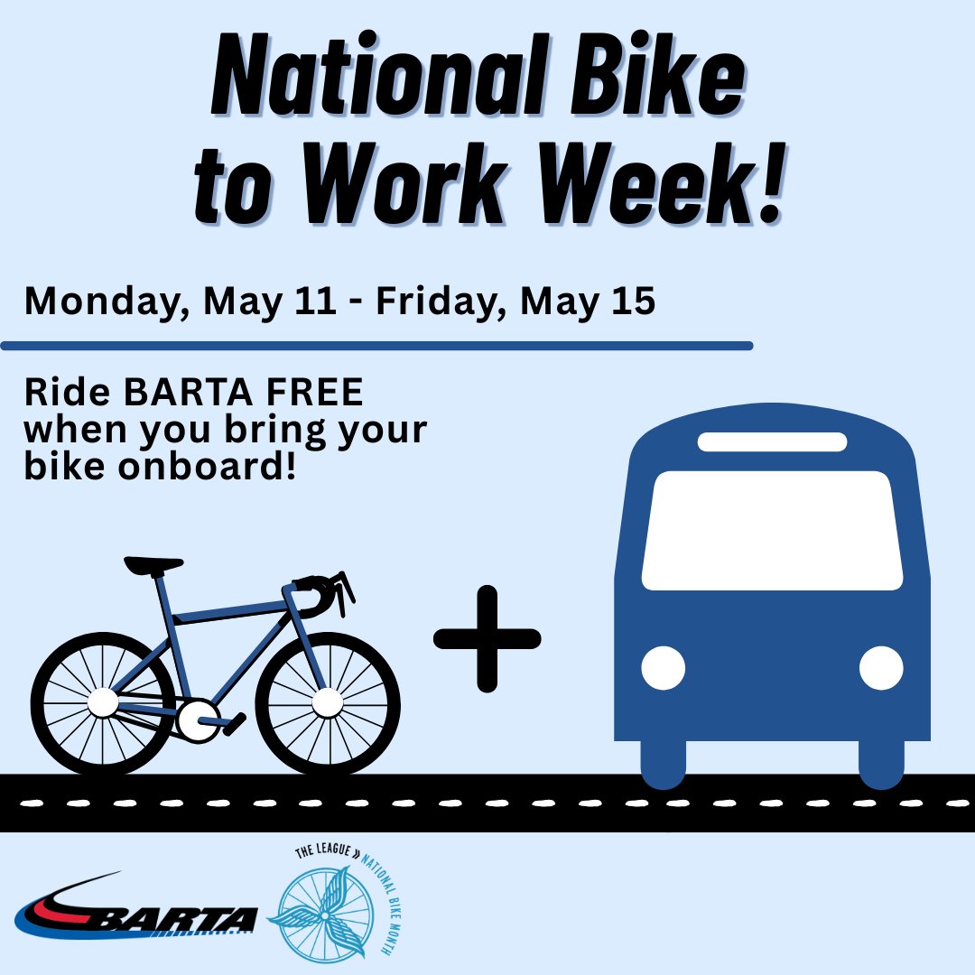 bartabus's tweet photo. It’s National Bike to Work Week! 🚲➕🚌
 
Ride FREE with your bike on any BARTA bus route during Bike to Work Week, Monday, May 11 through Friday, May 15. Combine biking and transit for an easy commute! https://t.co/vN2MIj67rs
