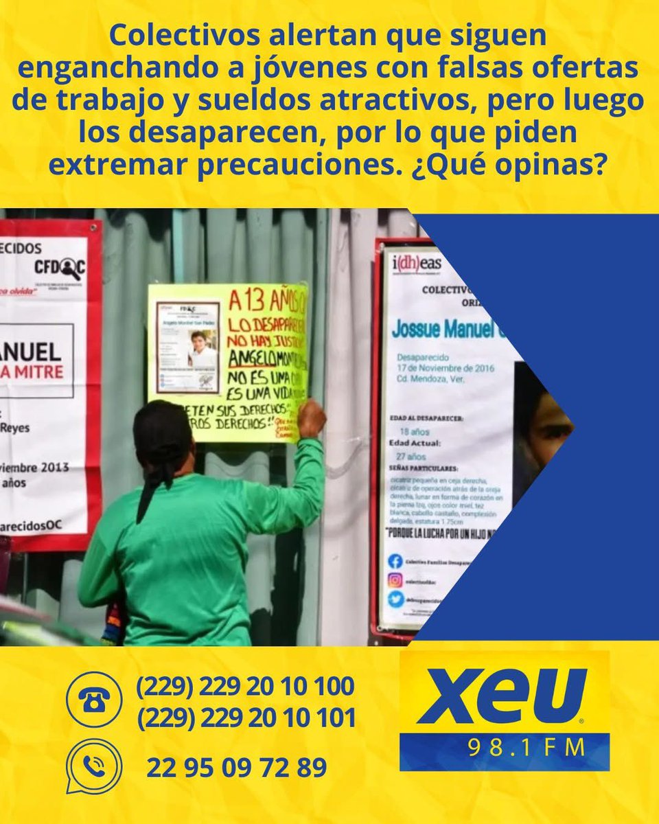 Colectivos alertan que siguen enganchando a jóvenes con falsas ofertas de trabajo con sueldos atractivos y luego los desaparecen; piden extremar precauciones. ¿Qué opinas?
#SondeoXEU