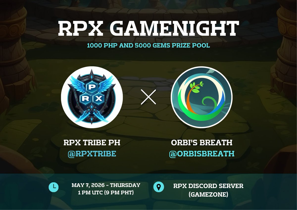 rpxtribe's tweet photo. RPX x @orbisbreath game night!  

Orbi’s Breath is a fun and beautiful turn based PvP Card game. Set on a battlefield of 3v3, cast spells to defeat your opponent and claim victory! 

🗓️ May 7, 2026 - 9PM PHT (1PM UTC) 
💰 Prize Pool: 1000 PHP (GCASH) + 5000 GEMS

How to join?
1. Create account here -> https://t.co/848aN47DQb (Playable on Mobile and Browser)
2. Sign up using Gmail or Solana wallet.   
3. Finish tutorials and explore the game. 
4. Be ready for game night! 

See you on RPX Tribe Discord! ❤️