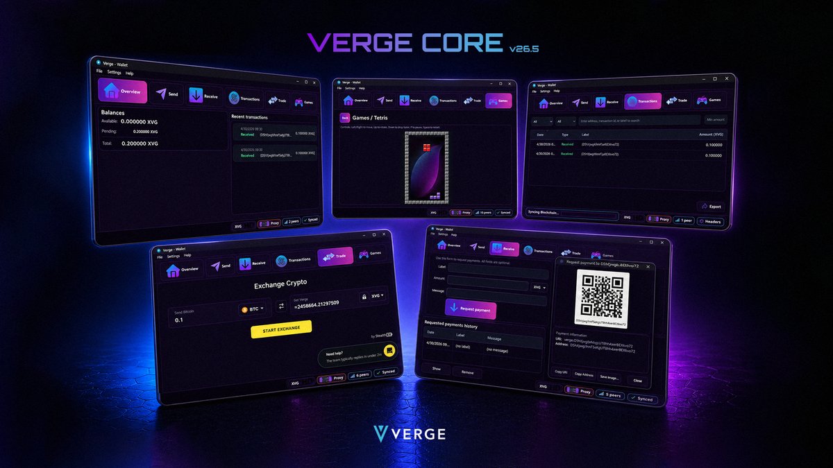 vergecurrency's tweet image. Verge Core v26.5 is live, and full of new features! github.com/vergecurrency/…