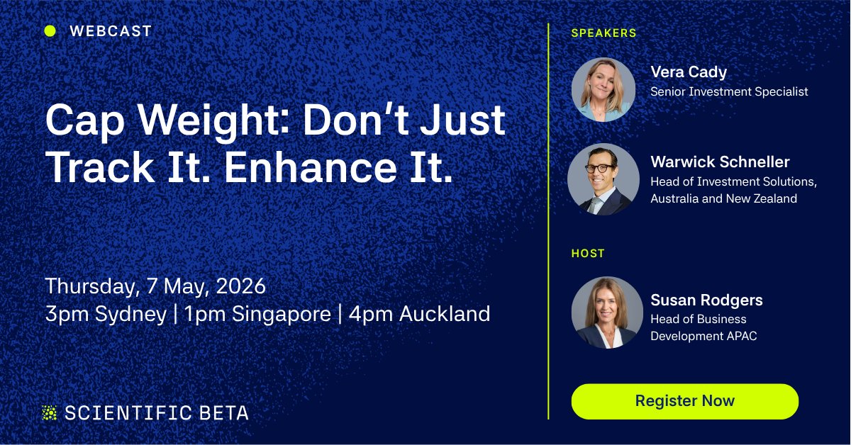 ScientificBeta's tweet photo. 🌏 We're hosting a dedicated APAC/ANZ edition 👇

💻 #Webinar: Cap Weight: Don't Just Track It. Enhance It. ✨

🔗 More info 👉 https://t.co/CiInUX3tLo

#PortfolioConstruction #EquityInvesting #FactorInvesting #TrackingError #InvestmentStrategy https://t.co/LIHkYQirVs