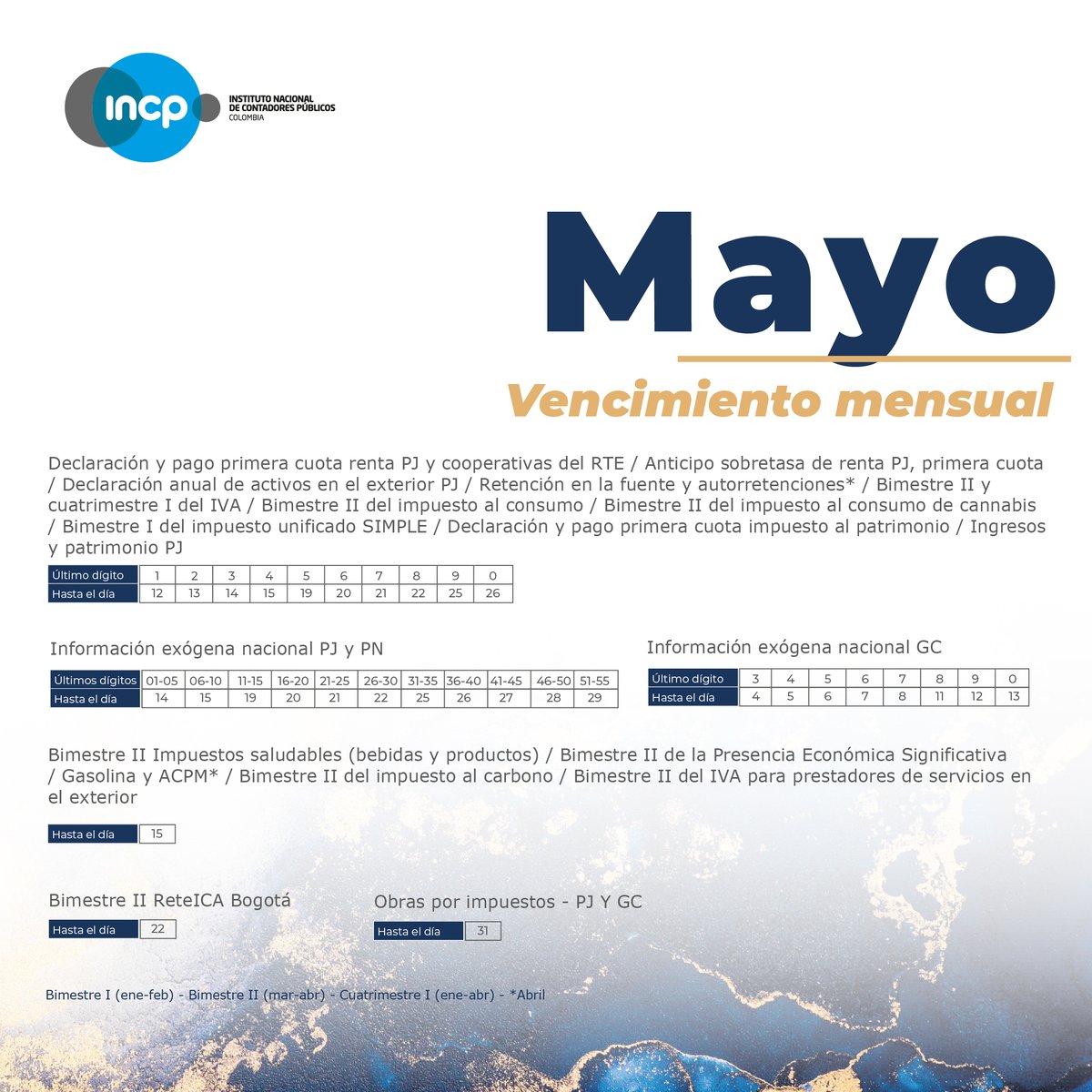 incpcol's tweet photo. 📅 ¡Atención Contadores! 📅

Asegúrate de cumplir con tus obligaciones tributarias a tiempo en el mes de mayo.

Descarga el calendario completo aquí: https://t.co/BbMZqbYnhP

#INCP #Vencimientosmayo #PlazosFiscales #ContadorPúblico https://t.co/65W8r30dS3