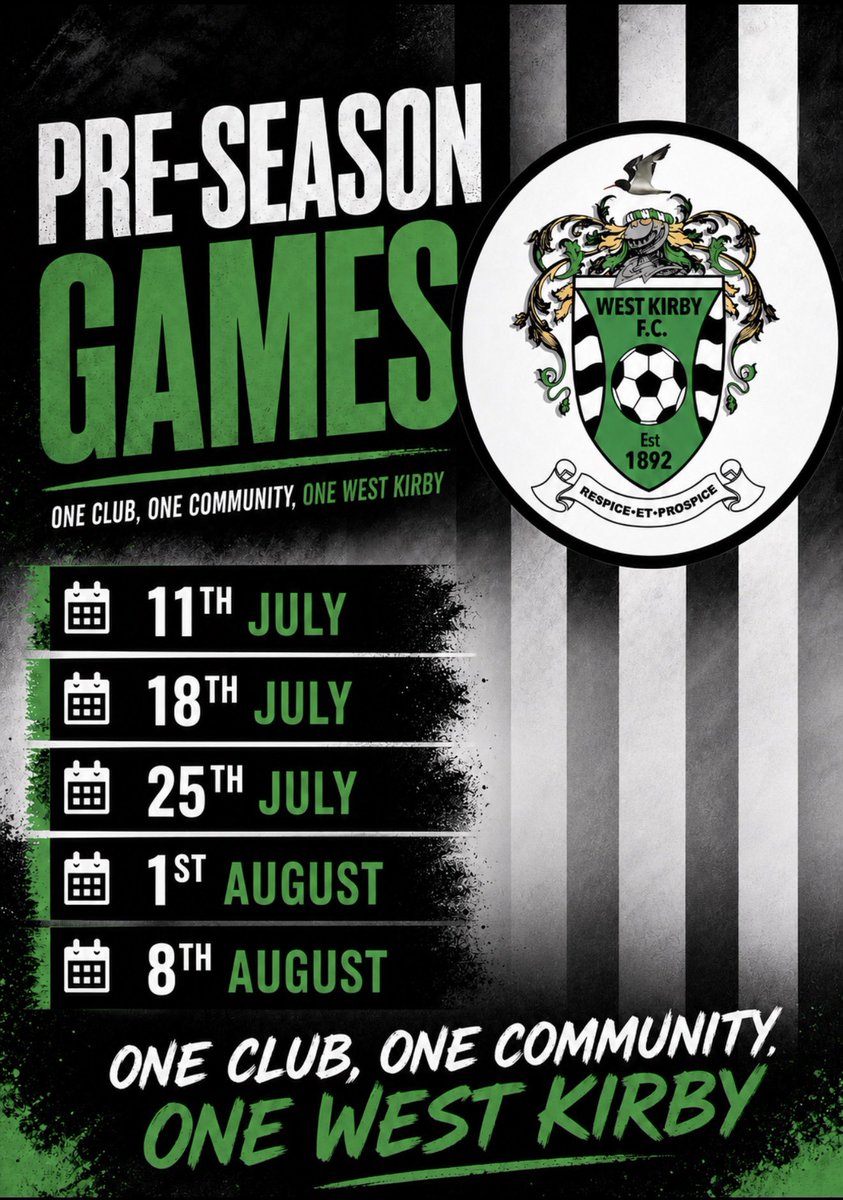 westkirby1st's tweet photo. ⚪️⚫️ Pre Season ⚫️⚪️
Planning for the 26/27 season is already underway.
We are looking for pre season fixtures for the following dates.
#1club1community1westkirby⚪️⚫️⚪️
#supportthemariners⚪️⚫️⚪️ https://t.co/Od7UDAUzWJ