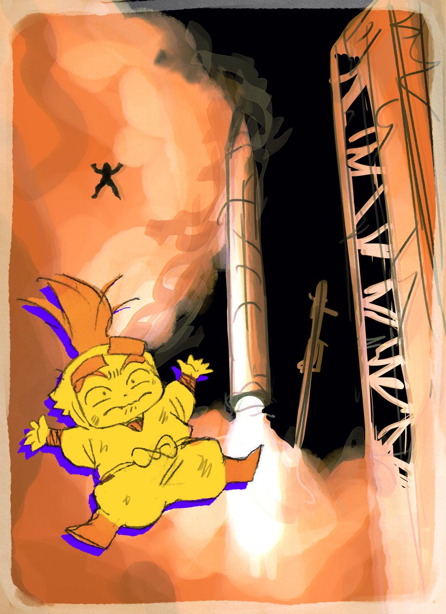 oioipsps's tweet photo. なんでもカンザキに見える病
（背景模写　ロケットと共に打ち上がるカエル） https://t.co/Al6QqPmTBA