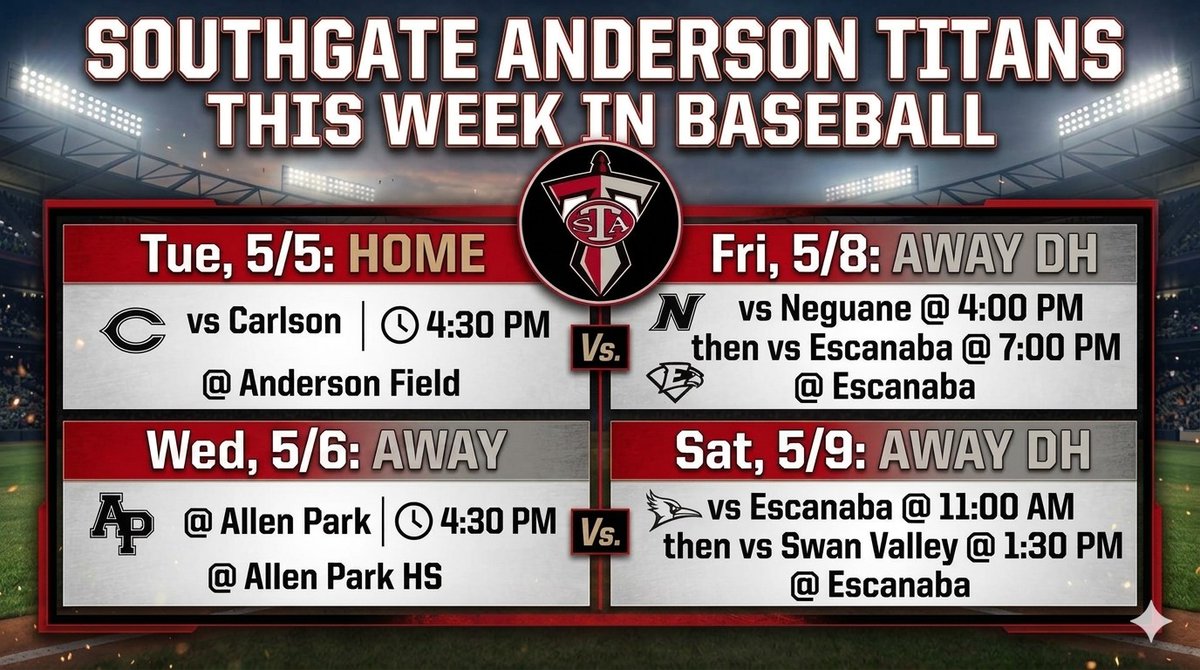 Sgate_Baseball's tweet photo. UPDATE:  Dates were right, days were wrong in original post. 

⚾️ TITAN BASEBALL IS ROLLING!⚾️ 

Another packed week.   
🏠 5/5 Carlson | 4:30 PM
🚍 5/6 @ Allen Park | 4:30 PM 
🚍 5/8 DH @ Neguane (4:00) &amp; Escanaba (7:00) 
🚍 5/9 DJ @ Escanaba (11:00) &amp; Swan Valley (1:30) https://t.co/7S2j7ROLYR