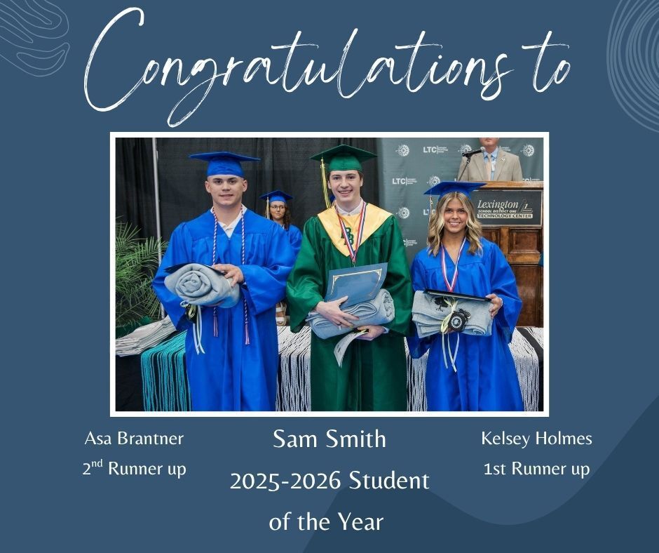 LexTechCenter's tweet photo. Congratulations to our 2025-2026 Student of the Year, Sam Smith and our two runner ups- Asa Brantner and Kelsey Holmes!! https://t.co/lPOFwOSOtX