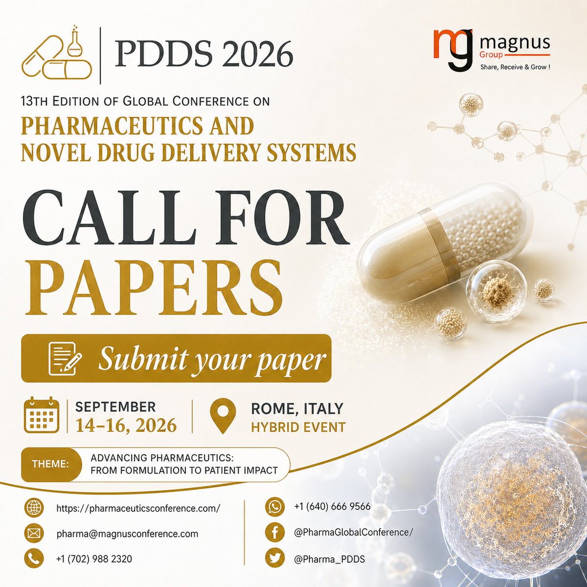 Pharma_PDDS's tweet photo. Call for papers!
Be part of 13th Edition of @Pharma_PDDS by @magnus_group !
✨Showcase your research
🌍Connect with global experts
📅September 14-16, 2026
📍Rome, Italy &amp; Virtually
📞+1 (702) 988-2320
🌐https://t.co/Mzjy6fEvW4
📄Submit abstract: https://t.co/INAqh3txgG
#PDDS2026 https://t.co/BXg4tWE8KF