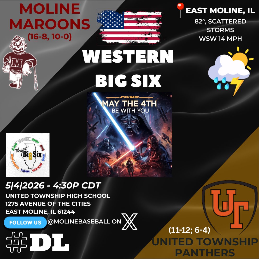 molinebaseball's tweet photo. It's a #Maroons (16-8; 10-0) GAME DAY! Back in #WB8 action this afternoon as we head over to the #PantherDen to get the 2-game set started with United Township. Here are the particulars... #MondayBlues #DL https://t.co/kQjEfbC31R