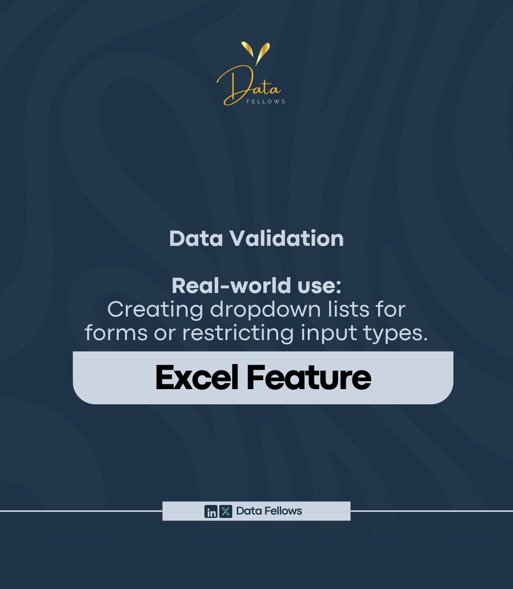 DatafellowsInfo's tweet photo. Excel Monday 📊

Data Validation helps control what users can enter into a cell.

Example:
Create a dropdown for roles (Designer, Developer, Analyst) instead of free typing.

Result → clean &amp; consistent data 

Simple feature. Big impact. 🚀

#structure #excel https://t.co/1h9U1UP7NJ