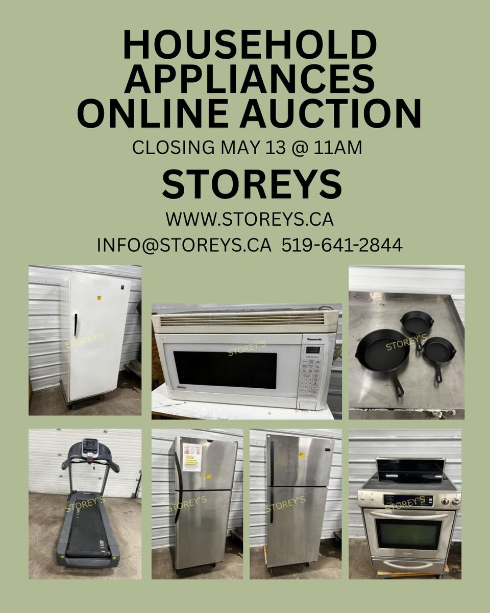 Storeysca's tweet photo. Home Appliances Online Auction

Link: https://t.co/XqQxtbDQIP

Closes: Wed May 13 @ 11am
Preview: Tues May 5 from 10am - 3pm
&amp; Mon May 11 from 10am - 3p[m
Location: 530 First St, London
Removal: Thurs May 14 from 9am - 5pm​​​
&amp; Fri May 15 from 9am - 3pm https://t.co/6SdvlYbd3P