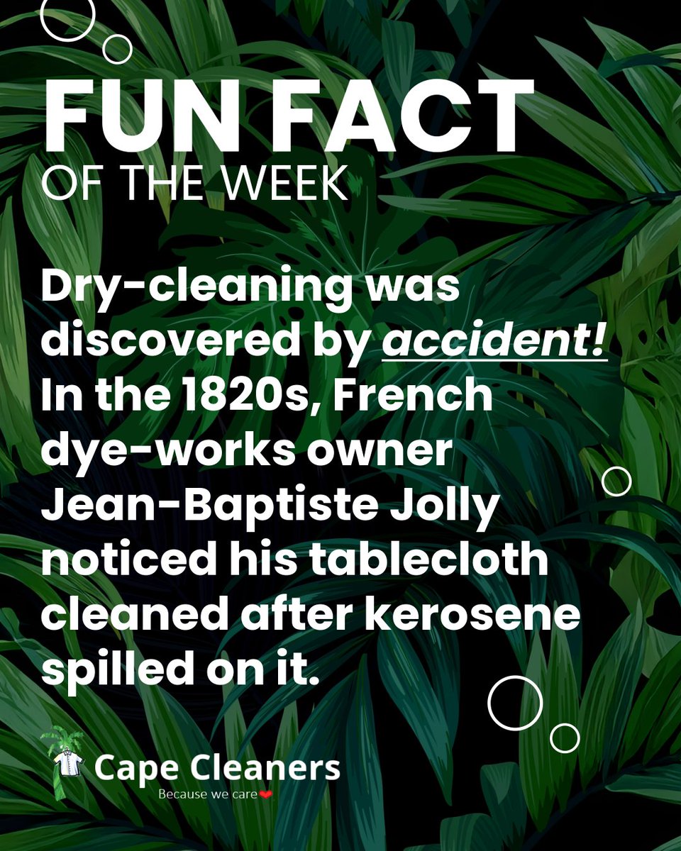 CapeCleaners's tweet photo. A little history behind the clean.  Dry cleaning was actually discovered by accident, and perfected over time into the care your clothes deserve today. https://t.co/QbK9dWn3t2