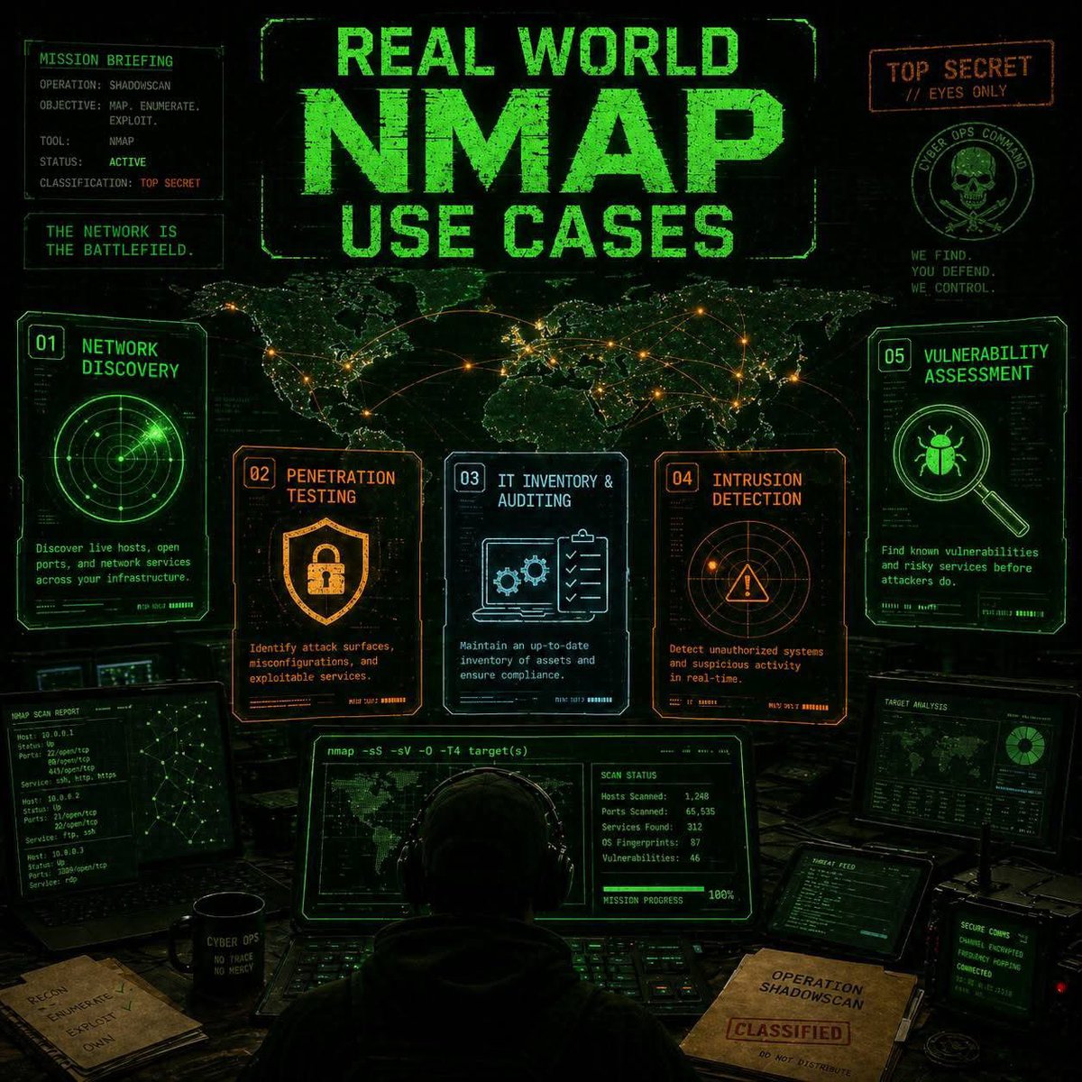 billldates's tweet photo. Real World Missions 🌍

Nmap isn't just a tool; it's a versatile engine for the digital battlefield. Professionals use it for 5 core missions:

1. Network Discovery: Finding every live host and open port in an infrastructure. 📡

2. Penetration Testing: Identifying attack surfaces and misconfigured services.

3. IT Inventory & Auditing: Maintaining an up-to-date map of assets for compliance. 📋

4. Intrusion Detection: Detecting unauthorized systems or suspicious activity in real-time.

5. Vulnerability Assessment: Finding risky services before the bad guys do. 

Summary: Whether you are defending a kingdom or testing its walls, Nmap provides the intel you need.
#Networking #Infosec #Nmap #CyberSecurity #SysAdmin