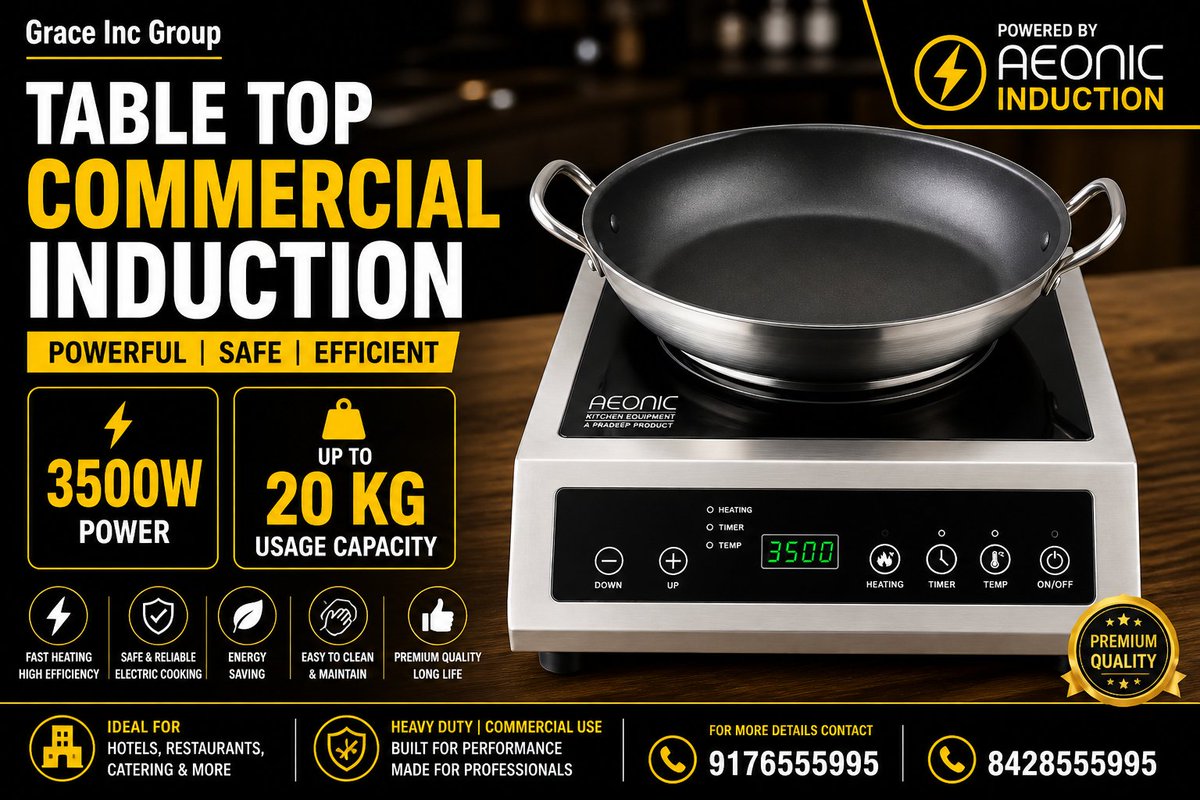 GraceIncgroup's tweet photo. Upgrade your kitchen ⚡

Table Top Commercial Induction
🔥 3500W Power
⚖️ 20KG Capacity
🚫 No Gas | 100% Electric
Perfect for Hotels &amp; Restaurants
📞 9176555995 | 8428555995

#GraceIncGroup #AEONIC #Induction #CommercialKitchen #NoGas #Chennai https://t.co/HvJWQGkmro