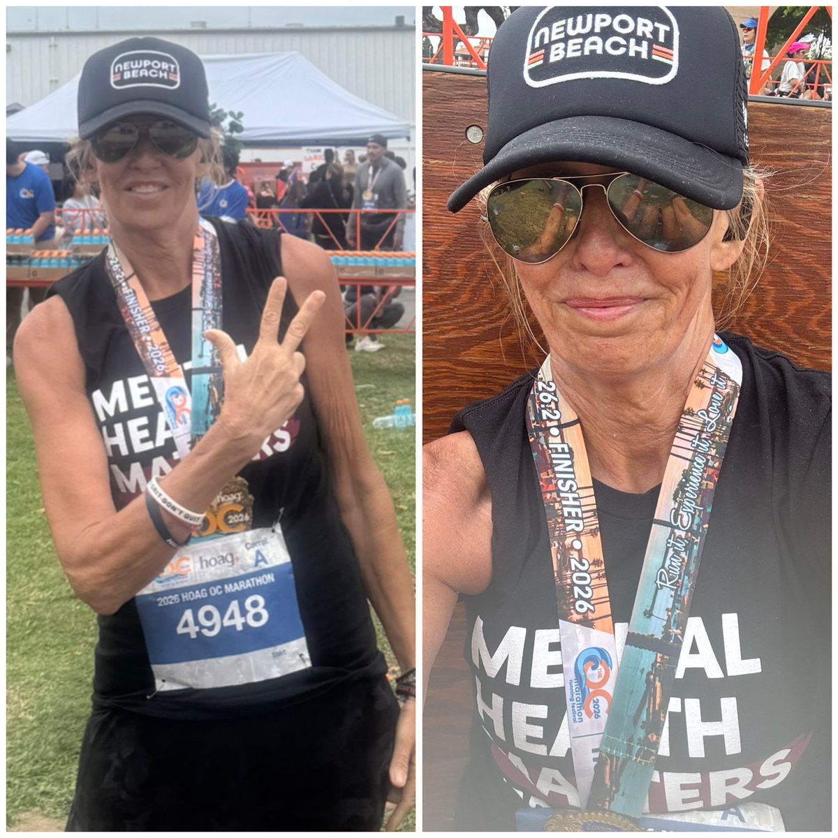 HilinskisHope's tweet photo. The 1st of Kym’s #3for3 mental health marathons during May is in the books.
This wasn’t an easy one; two weeks on the road, tired legs & more walking than Momma Kym has ever done in a marathon but she kept moving forward. This race isn’t about a finish time, it’s about raising awareness! Listening to people shout “Mental Health DOES Matter” as she ran gave her the strength she needed to cross the finish line. Every step was for the conversations we need to have, for the people who are struggling & a reminder that you are never alone.
Tyler was with her during every stride & along the course she saw what this community is all about; people helping people, lifting each other up & refusing to let anyone fall behind. That’s what hope looks like. ❤️❤️❤️
A note from Kym: Thank you @veanewportbeach for my cool hat & your kindness🙏🏻 On to race #2 in WA! #hope #mentalhealthmarathon #maythe4thbewithyou