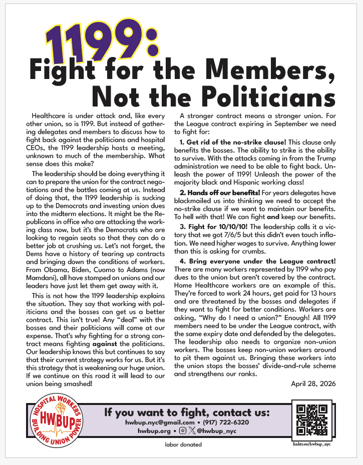 hwbup_nyc's tweet photo. 1199 needs to fight for its members, not the politicians. The summit should come up with a battle plan for the union's main contract-- but instead it is being used to rally workers behind the Democrats. If you want to fight call us!!
#1199seiu #dumpnostrikeclause #Leaguecontract https://t.co/6BDbB2u4CC