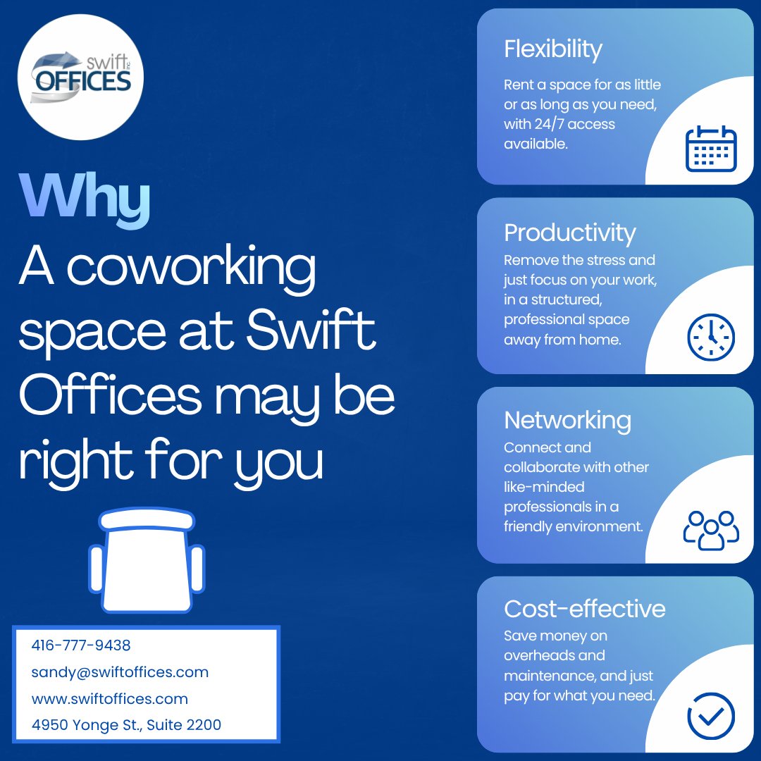 SwiftOffices's tweet photo. Looking for the perfect office space to support your growing business? Swift Offices has you covered. From flexible setups to professional environments, we’ve got the space you need to thrive.

https://t.co/ldLEuXPHDR

#Coworkingspace #OfficeForLease #OfficeRental #Lease #Toronto https://t.co/u0zfrzQJpQ