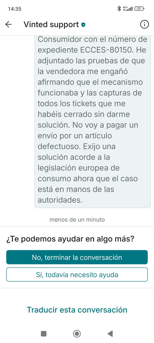 Hannah_sola's tweet photo. Increíble @vinted  @VintedSpain  
Recibo un artículo roto con engaño previo de la vendedora (tengo pruebas), pido ayuda y me cerráis el ticket reiteradamente. Ya he tenido que elevar el caso al Centro Europeo del Consumidor (Exp: ECCES-80150). Así protegéis a los compradores? https://t.co/P9B60a9cTc