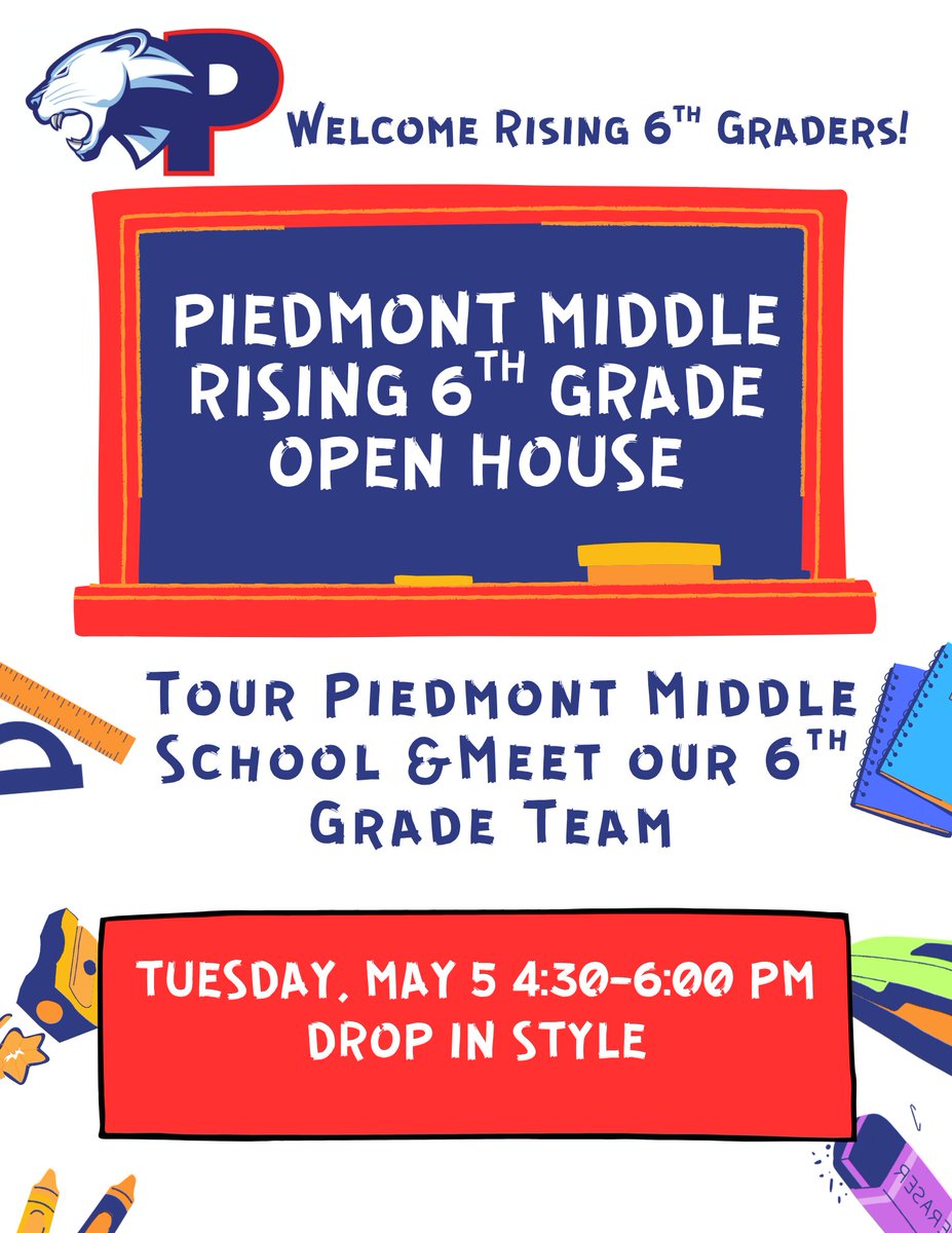 PiedmontMSNC's tweet photo. ๐พ๐ฃ Open House is TOMORROW! ๐ฃ๐พ
Rising 6th graders โ join us for Open House!
๐
Tuesday, May 5 | 4:30โ6:00 PM
Come tour, meet teachers, and get excited for next year! ๐
@UCPSNC @AGHoulihan
#PantherPride #PDMSPanthers #PantherStrong #FuturePanthers ๐พ https://t.co/Lc1uFVkl3z