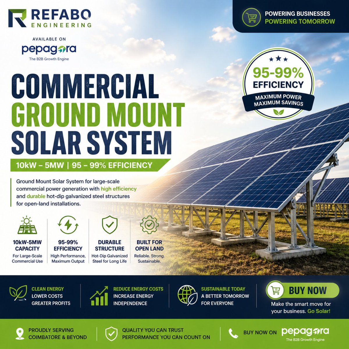 KrittikaCh78082's tweet image. Top Commercial Ground Mount Solar System supplier 
10kW–5MW capacity | 95–99% efficiency | Built for long-term performance
Buy now via Pepagora &amp;amp; switch to solar today : pepagora.com/p/ground-mount…

#SolarSystem #Coimbatore #RenewableEnergy #Pepagora #SolarPower #B2BIndia