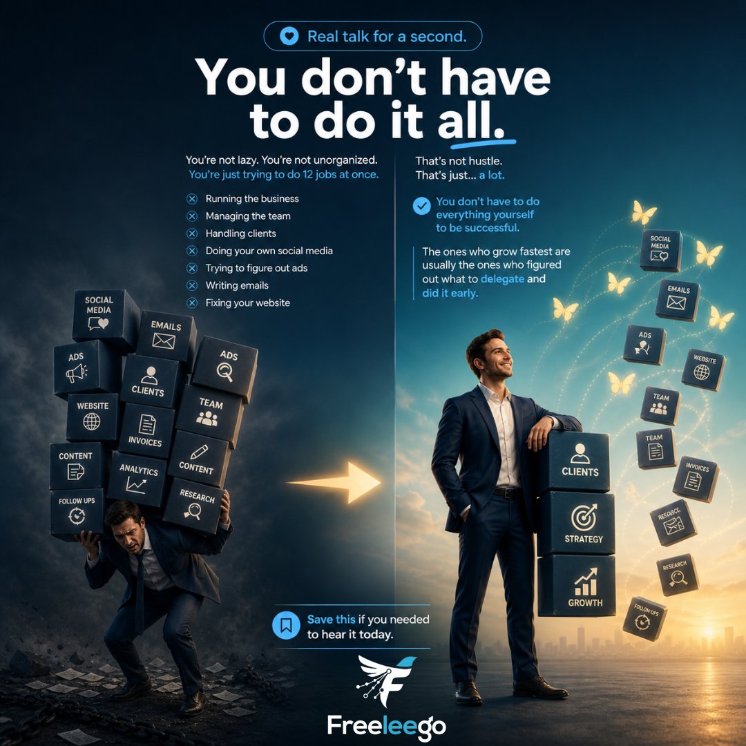 FreeLeeGo's tweet image. You don't have to do everything yourself.
That's not hustle. That's just stress wearing a badge.
The fastest-growing entrepreneurs delegate early and delegate smart.
Save this for a rough day.
#freeleego #entrepreneurlife #businessowner #delegation #smallbusiness #worksmarter