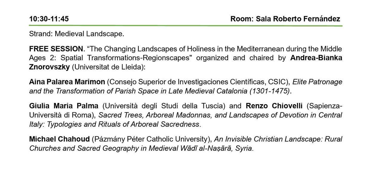 AndreaBiankaZ's tweet image. INTERNATIONAL MEDIEVAL MEETING - UNIVERSITY OF LLEIDA
4-5 of June 2026 📆

I will be moderating/organizing a series of three (3) sessions dedicated to the changing landscapes of holiness in the Mediterranean.
#medievaltwitter #twitterstorians #art #RyC #RamonyCajal #conference