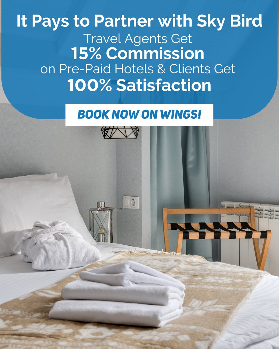 SkyBirdTravel's tweet image. When you book hotels through Sky Bird, you’ll secure top-rated accommodations and enjoy exclusive rates.

Plus, you’ll earn 15% commission on every pre-paid booking!

Book now on WINGS: bit.ly/3Wu5uHl

#SkyBird #WINGS #Hotel #HotelBooking #BookHotels #TravelAgent