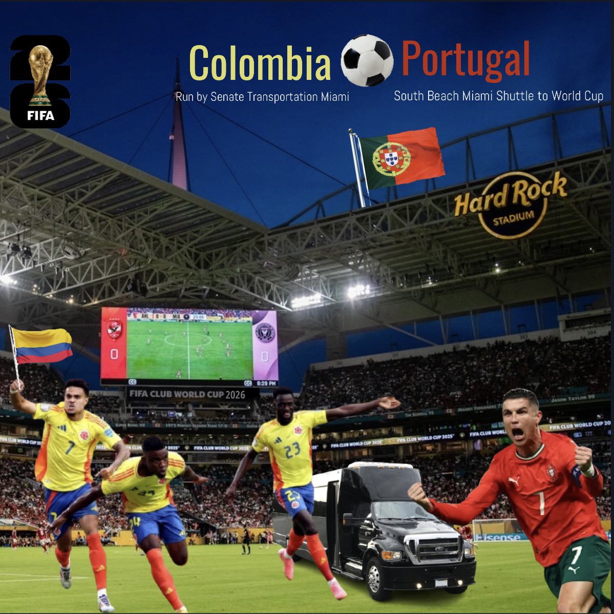SenateTransport's tweet image. (1) #country speaks #Portuguese &amp;amp; the other is habla Espanol. (1) #flag has (5)blue shields in the middle surrounded by 
green,🟩red,🟥&amp;amp; yellow🟨&amp;amp; the other flag is yellow, blue, &amp;amp; red.🟡🔵🔴
.
SAVE🟢by booking a $65 ROUND-TRIP seat to the #game : ⚽️ 🇨🇴🇵🇹 
senatetransportationmiami.com