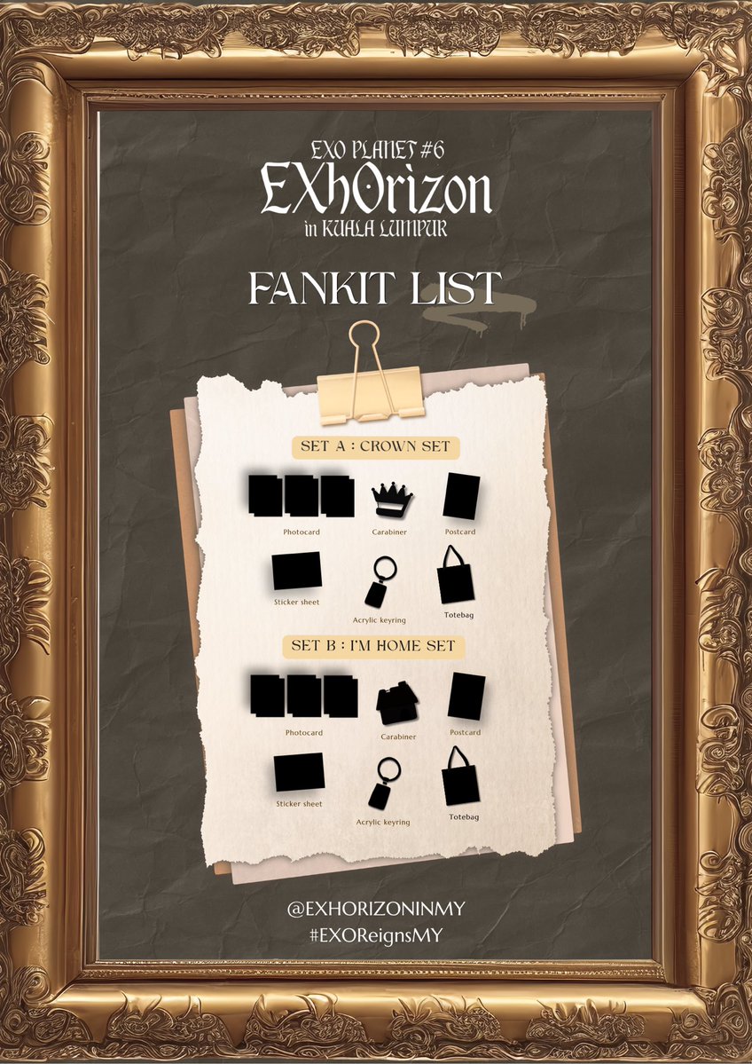 <a href="/weareoneEXO/">EXO</a> A Royal Decree : Introducing Fankit👑

These 2 fankits (Crown Set &amp; I’m Home Set) are available to choose for those who donate RM100 and above

Fundraising for Target 1 : Shaped Handbanner are still ongoing

Any amounts are welcomed 💛

🔗 bit.ly/EXhOrizoninMY_…

#EXOReignsMY