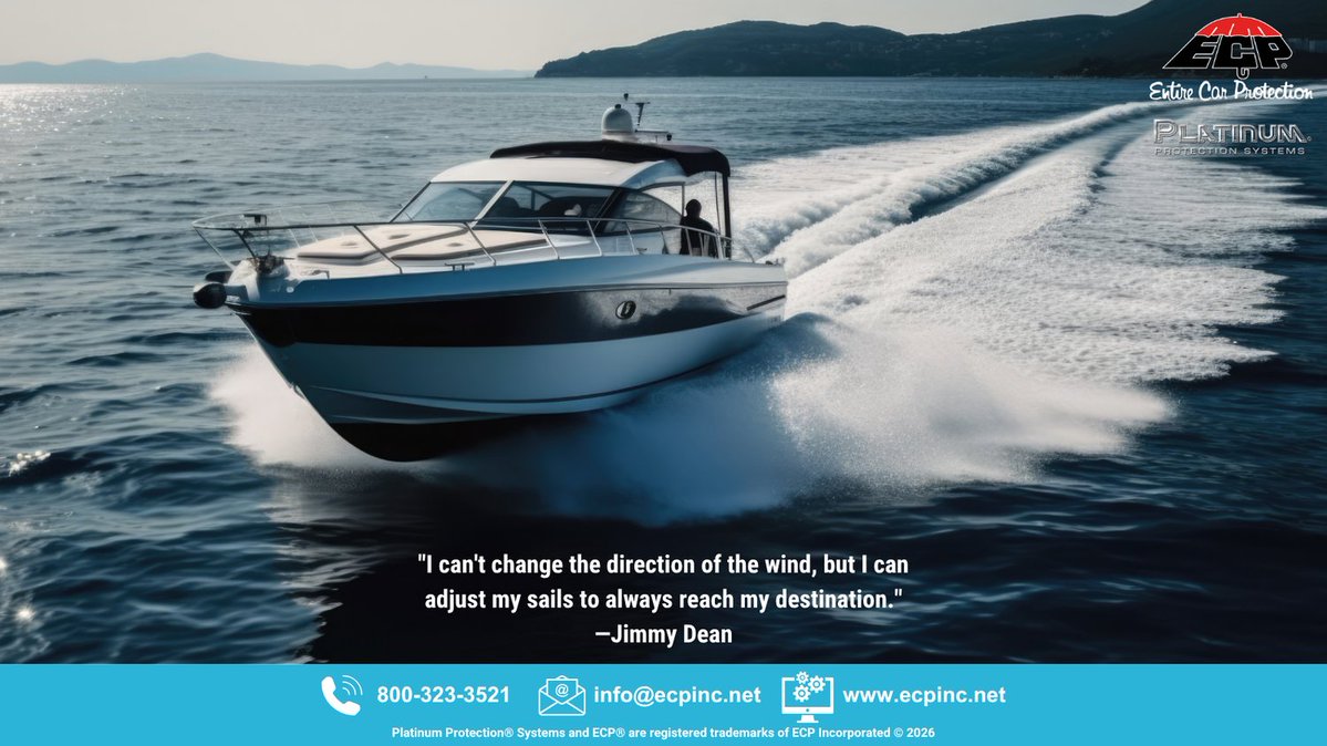 ECPINCORPORATED's tweet image. “I can’t change the direction of the wind, but I can adjust my sails to always reach my destination." –Jimmy Dean

#MondayMotivation #Dealerships #Aftermarket #AppearanceProtection #ProtectiveCoatings #MadeintheUSA #ECP #Innovation #PlatinumProtectionSystems