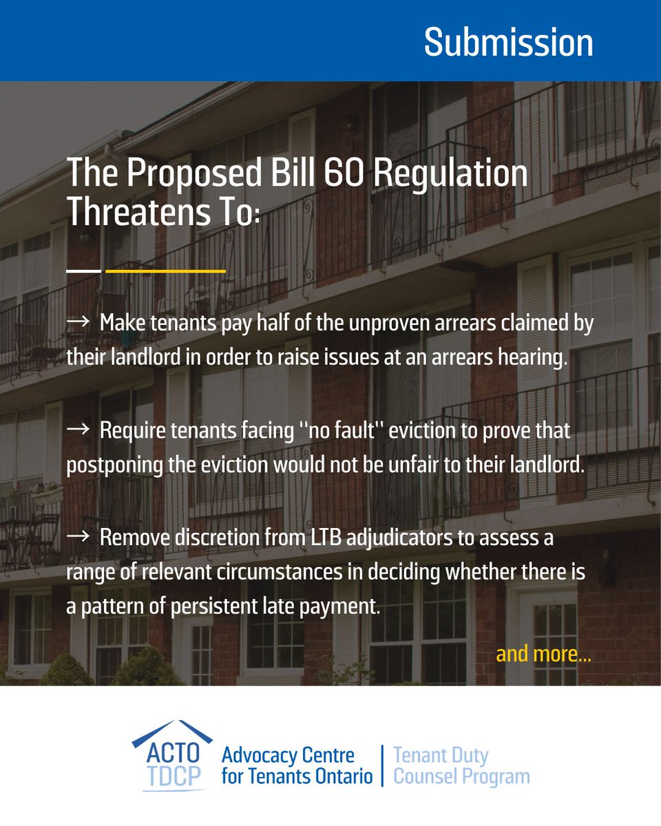 TenantAdvocacy's tweet image. 📢 New Submission on Proposed Bill 60 Regulations!

🗣️ We've submitted our response and the stakes for tenants across Ontario couldn't be higher.