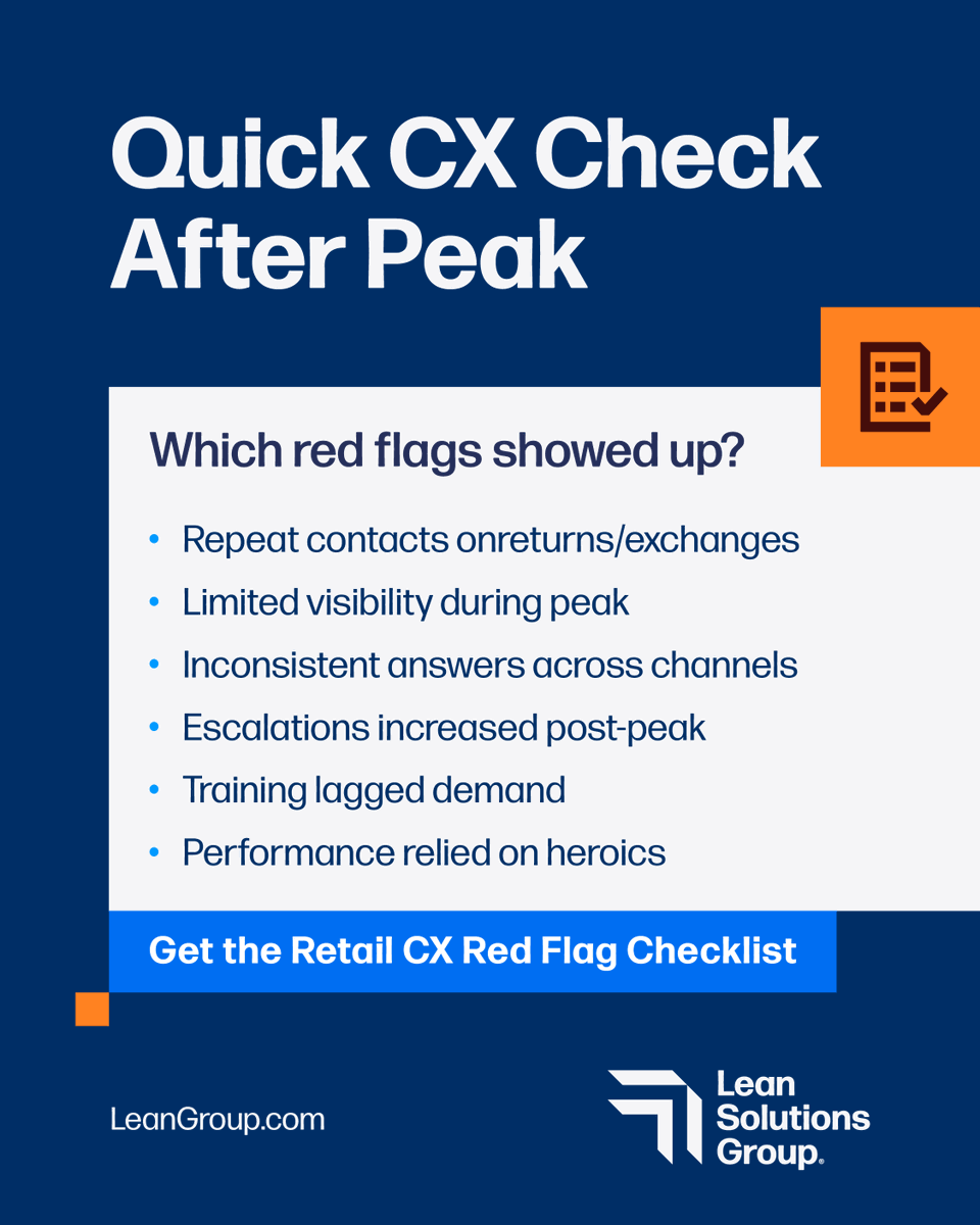 leansolutionsg's tweet image. After peak season, most teams finally see where pressure actually landed. 

We pulled together a short Retail CX Red Flag Checklist to help teams spot these patterns early. 

Download it here: 
hubs.ly/Q04fdSpr0

#CustomerExperience #RetailCX  #ContactCenter