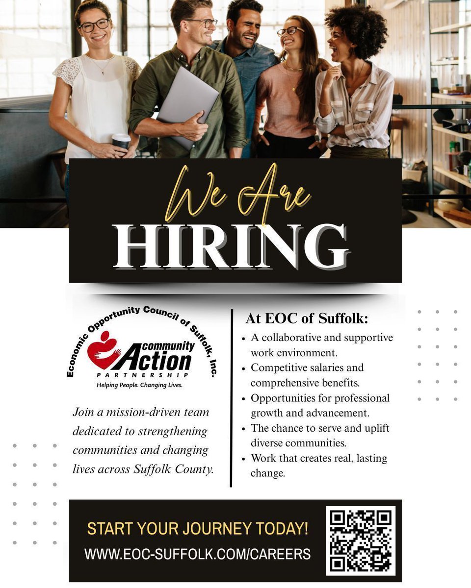 EOCSuffolk's tweet image. Looking for work that makes a real difference? EOC of Suffolk is hiring mission-driven professionals who want to strengthen communities across Suffolk County. Competitive pay, benefits &amp;amp; growth opportunities. Apply today: eoc-suffolk.com/careers #NowHiring #EOCofSuffolk #DoGood