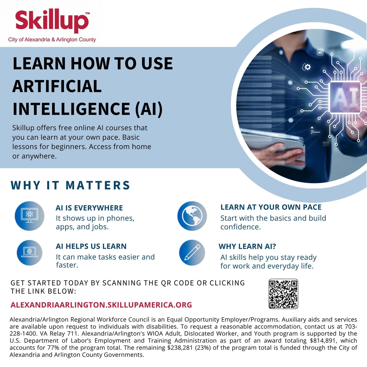 workcouncil's tweet photo. 🤖 Curious about Artificial Intelligence—but not sure where to start?
Now you can learn what it is and how to use it with free, beginner-friendly online courses through SkillUp.

✅ Free for Alexandria City &amp; Arlington County residents

🔗 https://t.co/4fHw524Q8k
#LearnAI https://t.co/O1sAzUmtuh